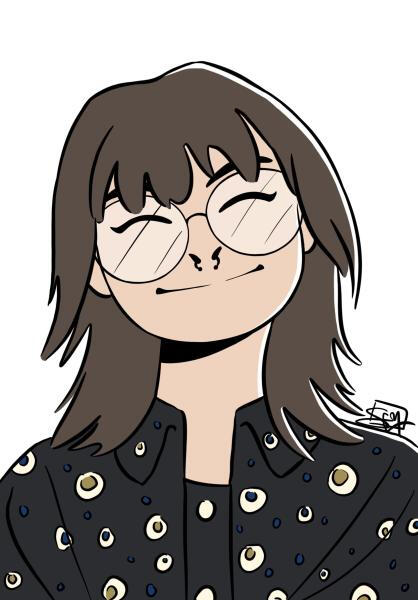 A portrait smiling person with their eyes closed and head tilted. They have light skin and mid-length brown hair with bangs, and are wearing a black, spotted button-up shirt. They have a nose piercing. The background is white and watermarked FEM.