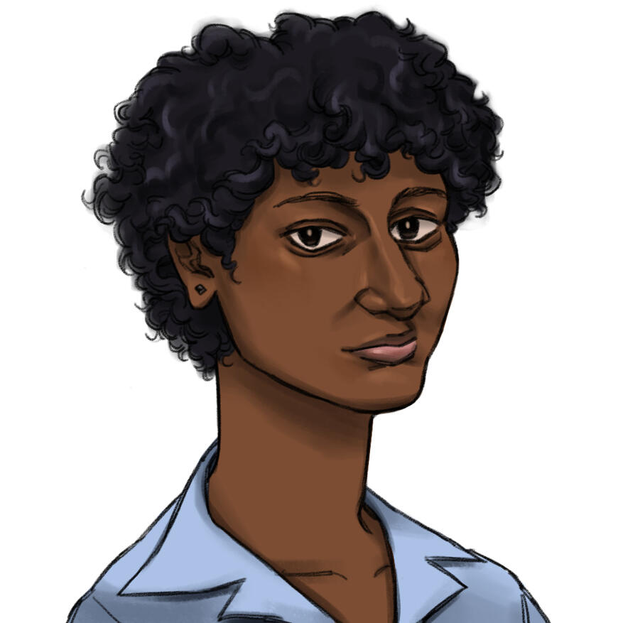 An illustrated portrait of Monu.