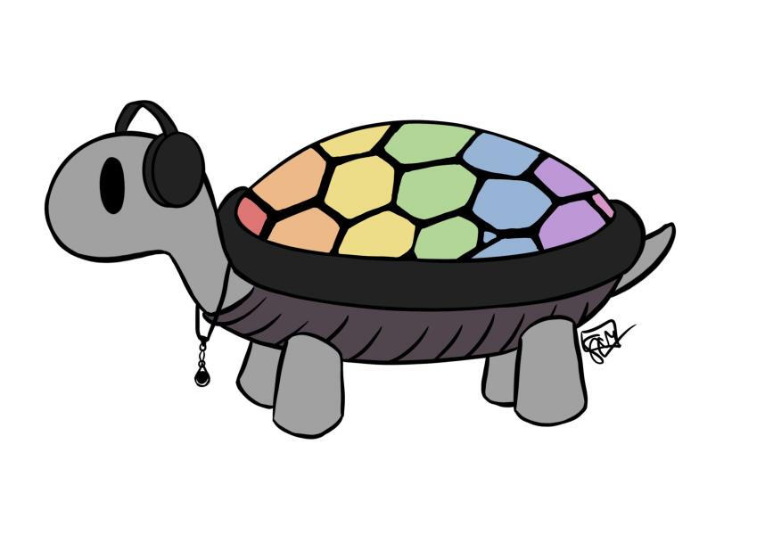 A cartoon terrapin facing left in profile, with gray skin, a dark gray underbelly, and a rainbow-colored shell. They wear black headphones on their head and a black necklace. The background is white and watermarked FEM.