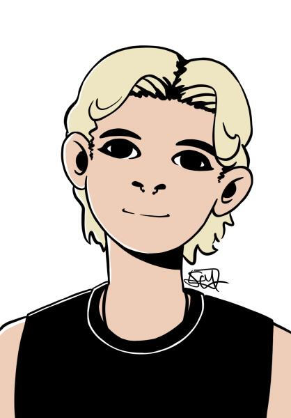 A portrait of a smiling person with its head tilted. Ze wears a black tank top with a necklace tucked beneath, has light skin, short wavy blond hair, and a nose piercing. The background is white and watermarked FEM.