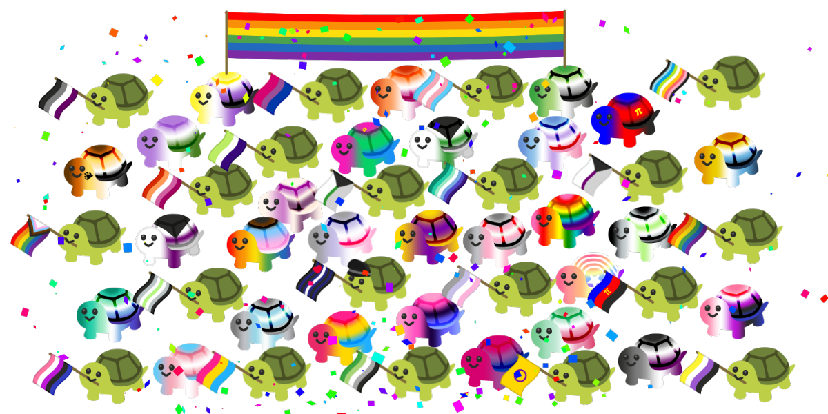 Many smiling cartoon turtles are clustered together. Each is either holding a pride flag in its mouth or its body is colored with the pattern of a pride flag. A rainbow stripe banner is held up on sticks near the background while confetti falls.